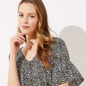 LOFT Floral Ruffle Sleeve Mixed Media Top